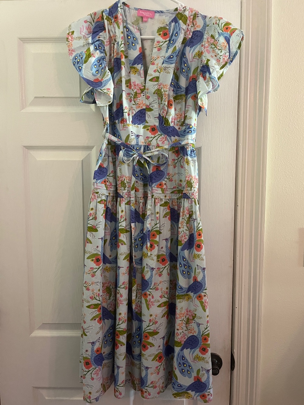 Boutique Blue Floral Midi Dress with Ruffle Sleeves